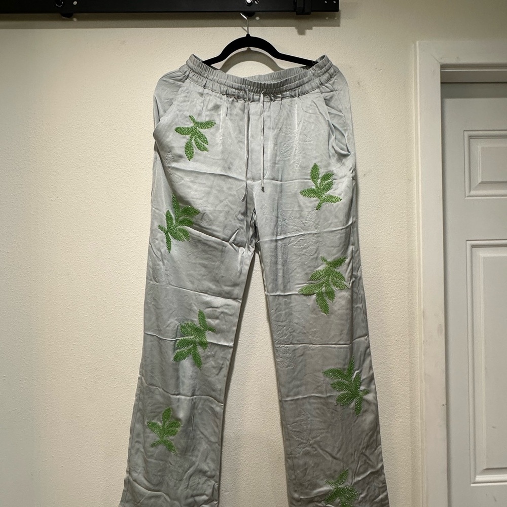 Zara Light Gray Joggers with Green Leaf Design